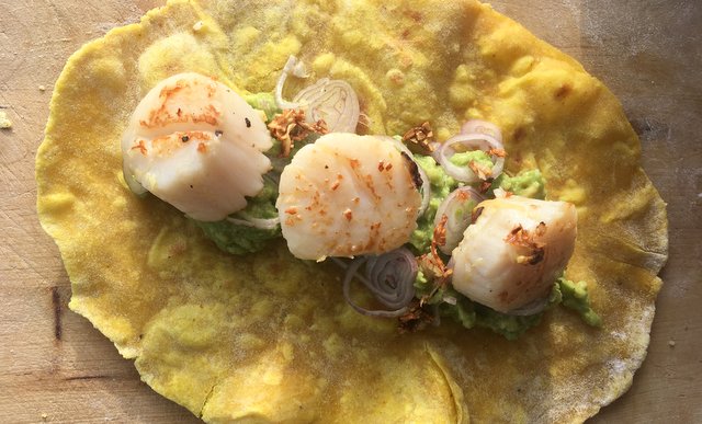 Our favourites - home made tortillas with shrimps, chicken or scallops. 